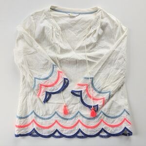 BODEN Willa Embroidered Peasant Top Scallops Tassel Ties Blouse Beach Size 6 Exc